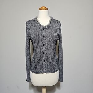 "Sigrid Olsen Gray Marled Fringe Trim Cardigan Sweater XS"